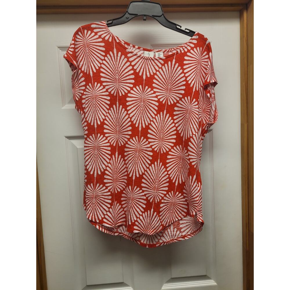 Women's JOIE Red White Floral Tropical Leaf 100% Linen Top Size XL Summer